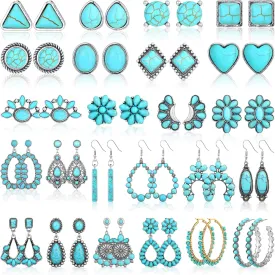 24 Pairs Turquoise Earring Set Bohemian Teardrop Dangle Stud Earrings Turquoise Round Metal Earrings Boho Metal Vintage Oval Earring for Women (Ear Stud Style)