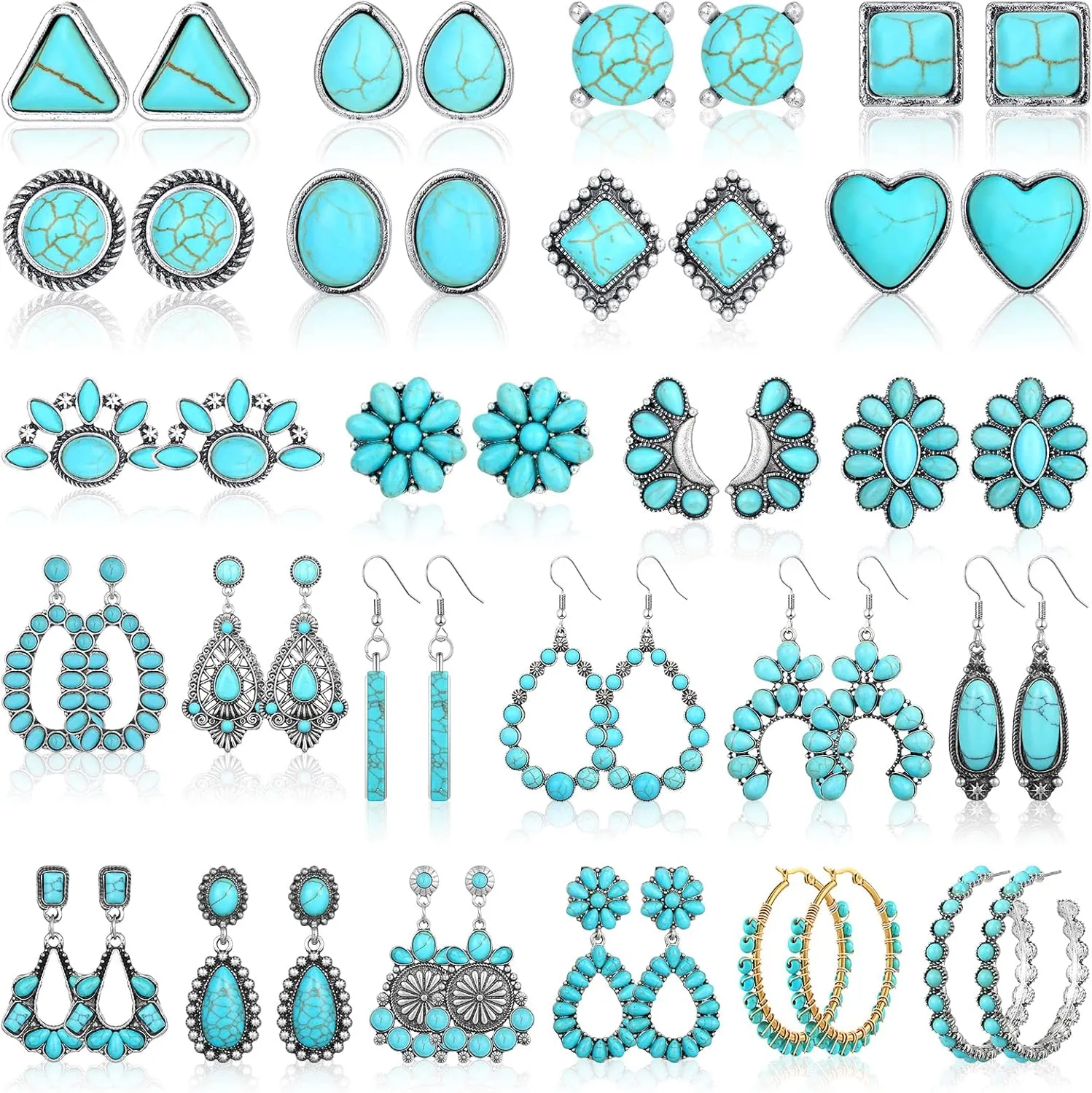 24 Pairs Turquoise Earring Set Bohemian Teardrop Dangle Stud Earrings Turquoise Round Metal Earrings Boho Metal Vintage Oval Earring for Women (Ear Stud Style)