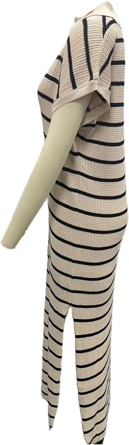 A-Line Short Sleeve Striped Maxi Dress Women's V-Neck Slit Wrap Dress, Casual Shirt Collar Knitted Dress
