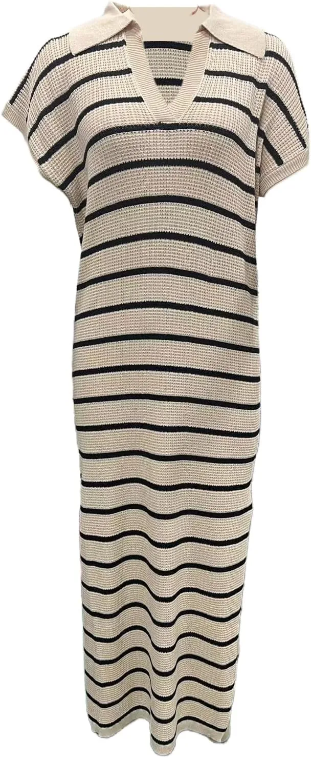 A-Line Short Sleeve Striped Maxi Dress Women's V-Neck Slit Wrap Dress, Casual Shirt Collar Knitted Dress