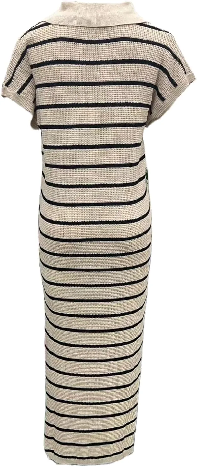A-Line Short Sleeve Striped Maxi Dress Women's V-Neck Slit Wrap Dress, Casual Shirt Collar Knitted Dress