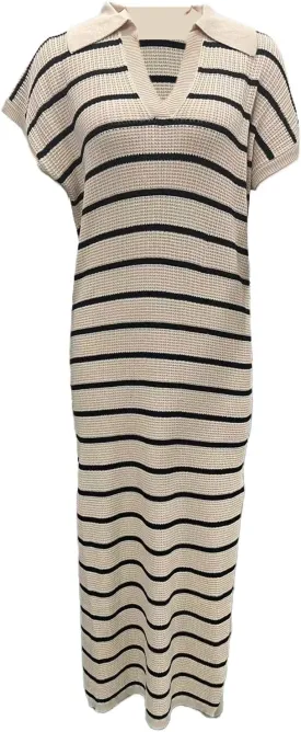 A-Line Short Sleeve Striped Maxi Dress Women's V-Neck Slit Wrap Dress, Casual Shirt Collar Knitted Dress