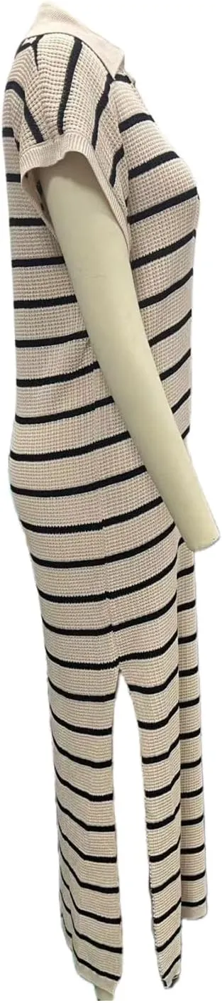 A-Line Short Sleeve Striped Maxi Dress Women's V-Neck Slit Wrap Dress, Casual Shirt Collar Knitted Dress