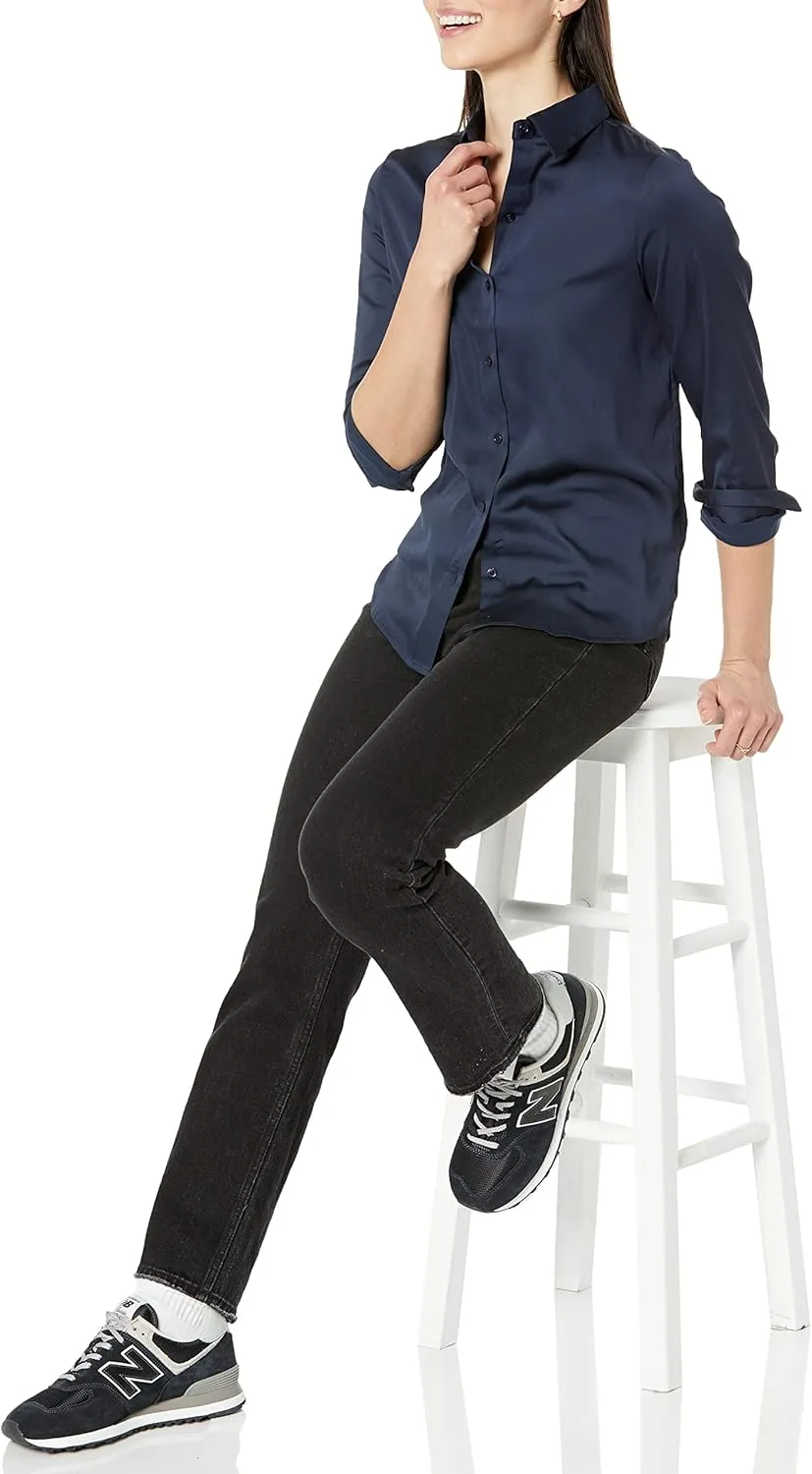 Amazon Essentials Women's Classic-Fit Satin Button Down Blouse (Available in Plus Size)