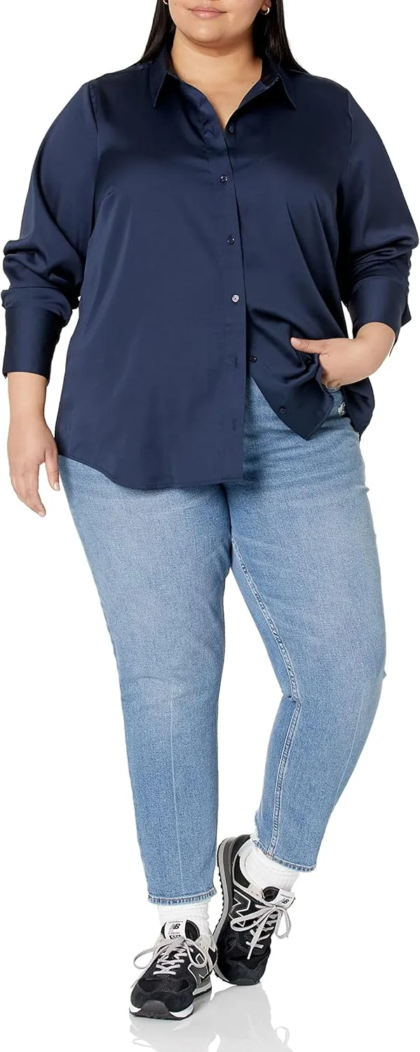 Amazon Essentials Women's Classic-Fit Satin Button Down Blouse (Available in Plus Size)