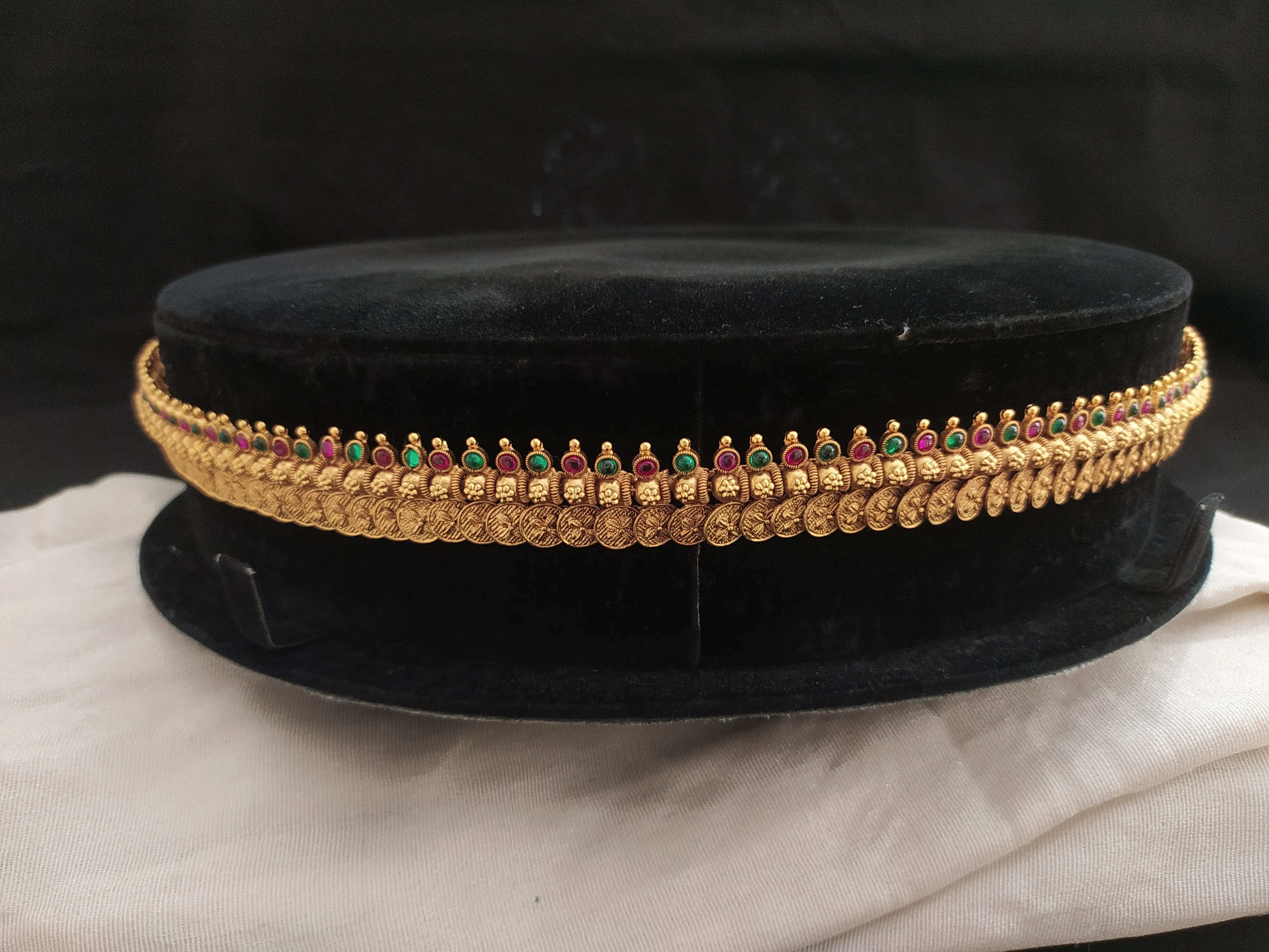 Antique Floral-Designed Hip Chain with Kemp & Green Stones