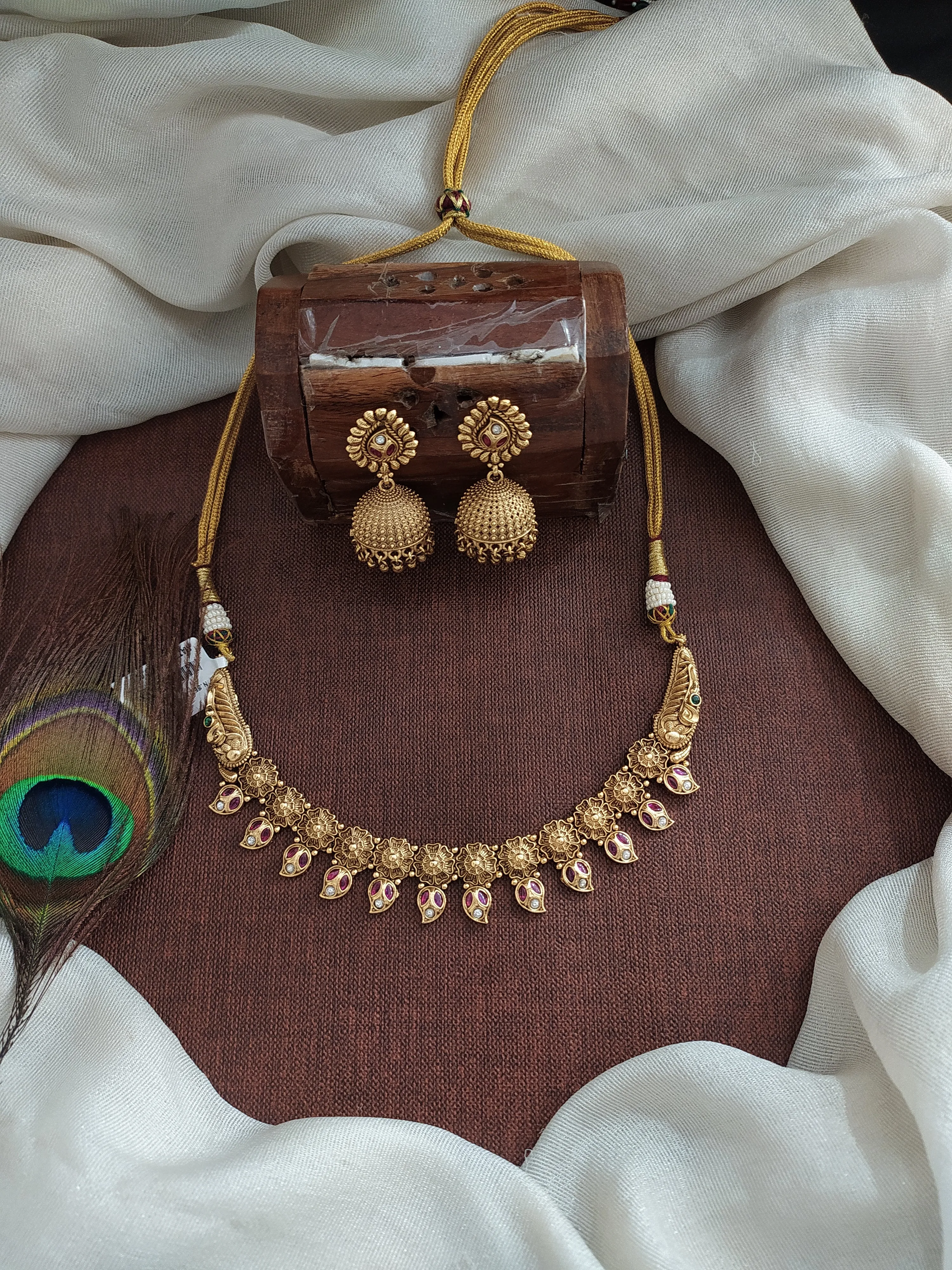 Antique Kemp Mango Design Necklace Set with Matching Jhumki