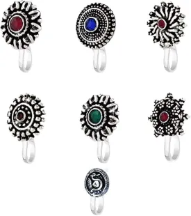 Antique Silver Oxidized 7 pcs combo set Ethnic Indian Traditional non-piercing Nose pin Jewelry Variation