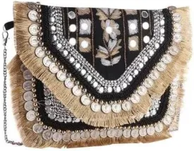 Black Banjara Boho Clutch Bag for Women & Girls  Traditional Embroidered Sling Bag with Coin, Mirror & Fringe Detailing  Ethnic Party Purse