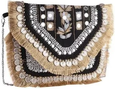 Black Banjara Boho Clutch Bag for Women & Girls  Traditional Embroidered Sling Bag with Coin, Mirror & Fringe Detailing  Ethnic Party Purse