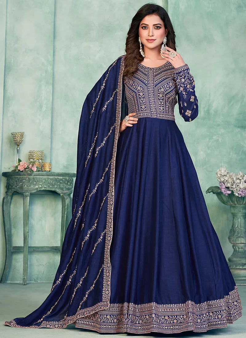 Blue Embroidery Traditional Silk Anarkali Suit