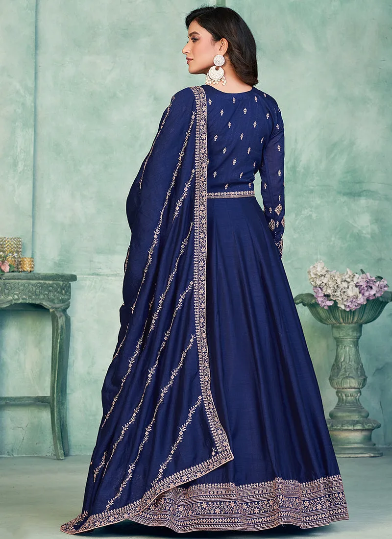 Blue Embroidery Traditional Silk Anarkali Suit