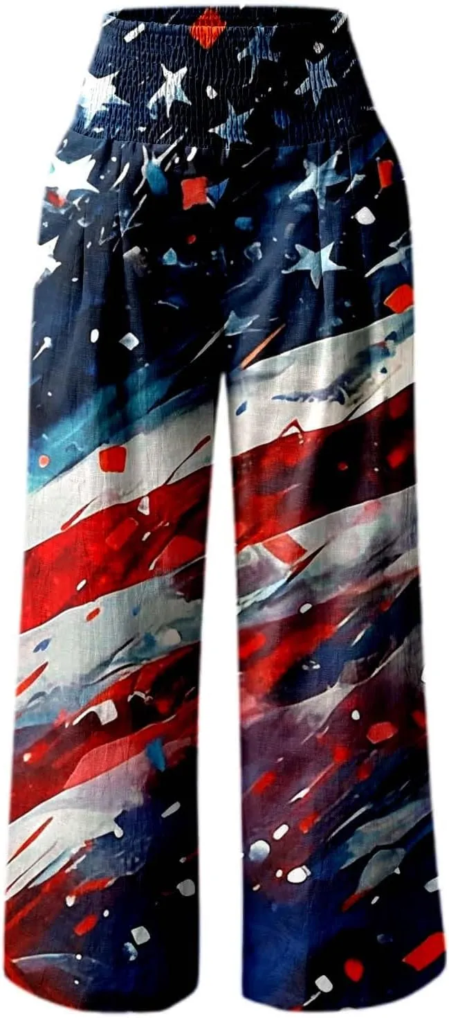 Boho Pants for Women Floral Print Linen Pant Elastic Waist Drawstring Summer Beach Baggy Trousers with Pocket Fit