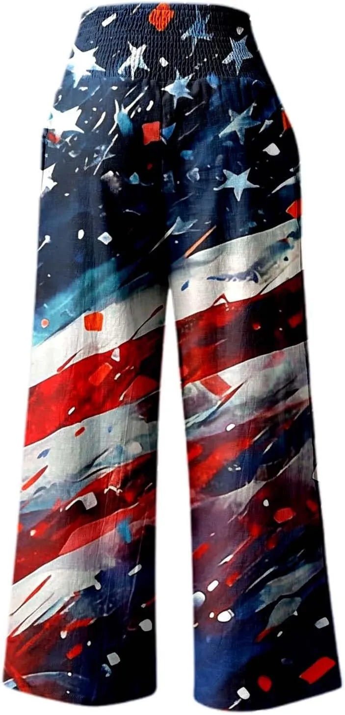 Boho Pants for Women Floral Print Linen Pant Elastic Waist Drawstring Summer Beach Baggy Trousers with Pocket Fit