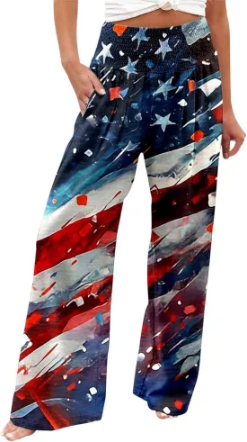 Boho Pants for Women Floral Print Linen Pant Elastic Waist Drawstring Summer Beach Baggy Trousers with Pocket Fit
