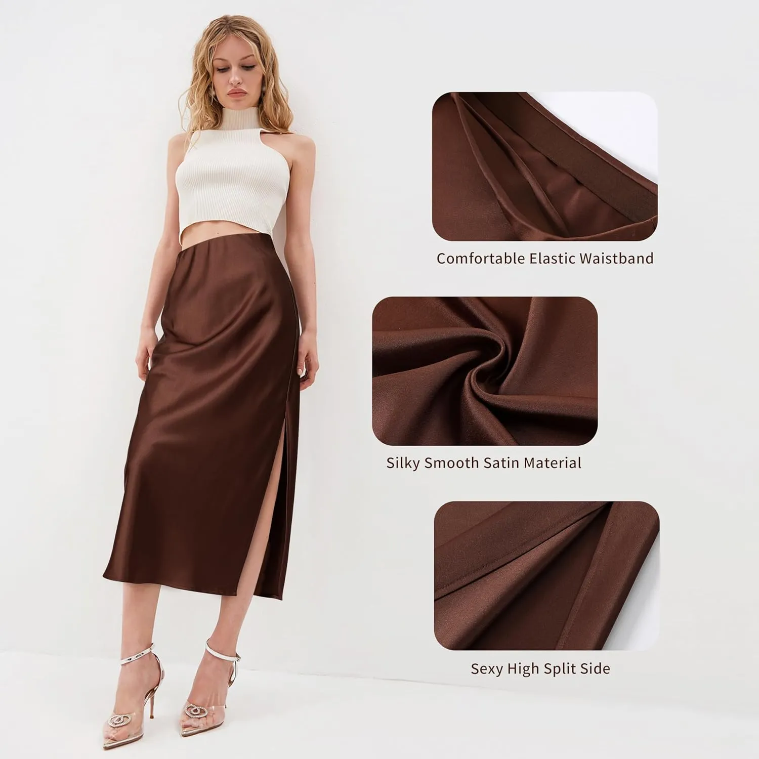 BOMAROLAN Women's Satin Midi Skirt High Waist Solid Silky Skirts for Women Elasticized Waistband A-Line Slit Midi Skirts
