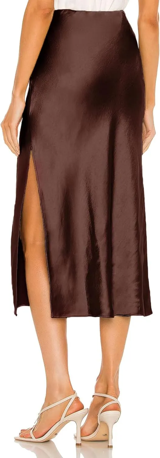 BOMAROLAN Women's Satin Midi Skirt High Waist Solid Silky Skirts for Women Elasticized Waistband A-Line Slit Midi Skirts