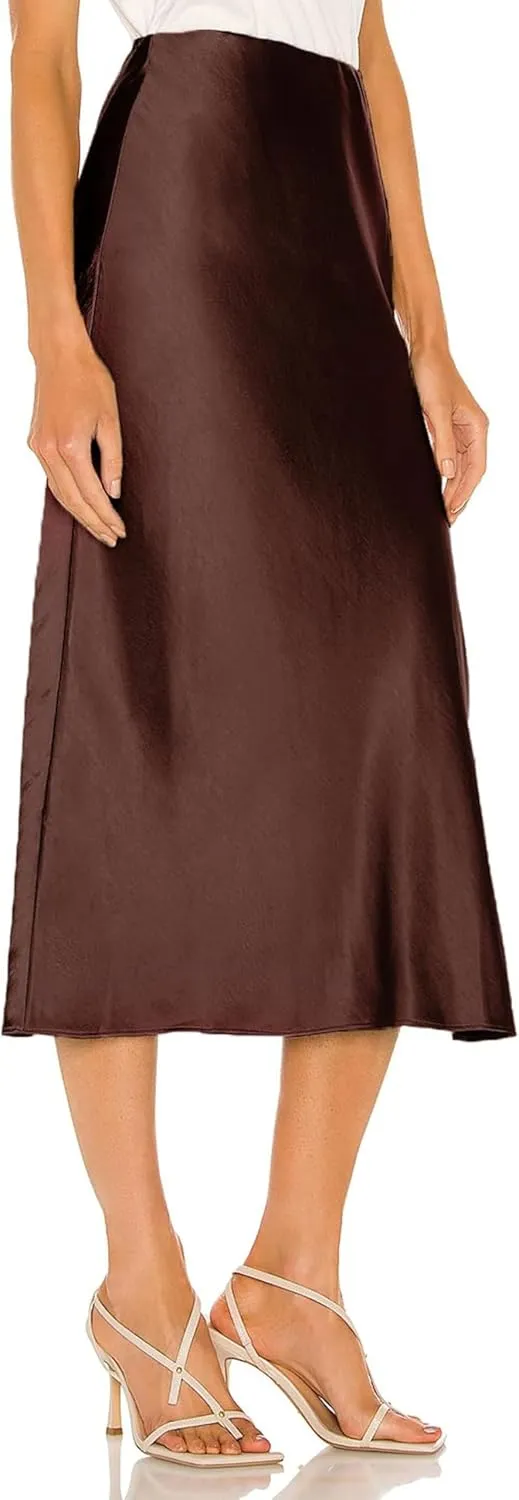 BOMAROLAN Women's Satin Midi Skirt High Waist Solid Silky Skirts for Women Elasticized Waistband A-Line Slit Midi Skirts