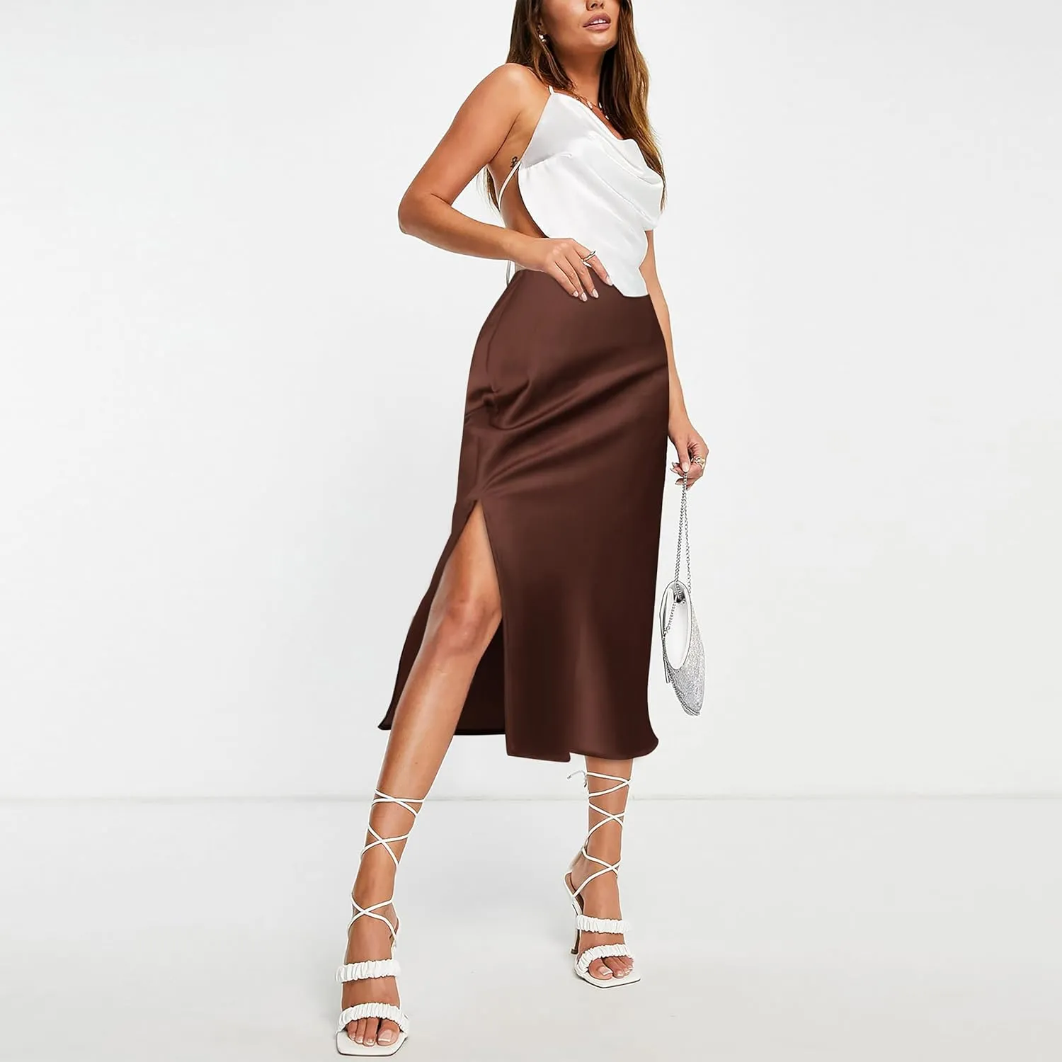 BOMAROLAN Women's Satin Midi Skirt High Waist Solid Silky Skirts for Women Elasticized Waistband A-Line Slit Midi Skirts