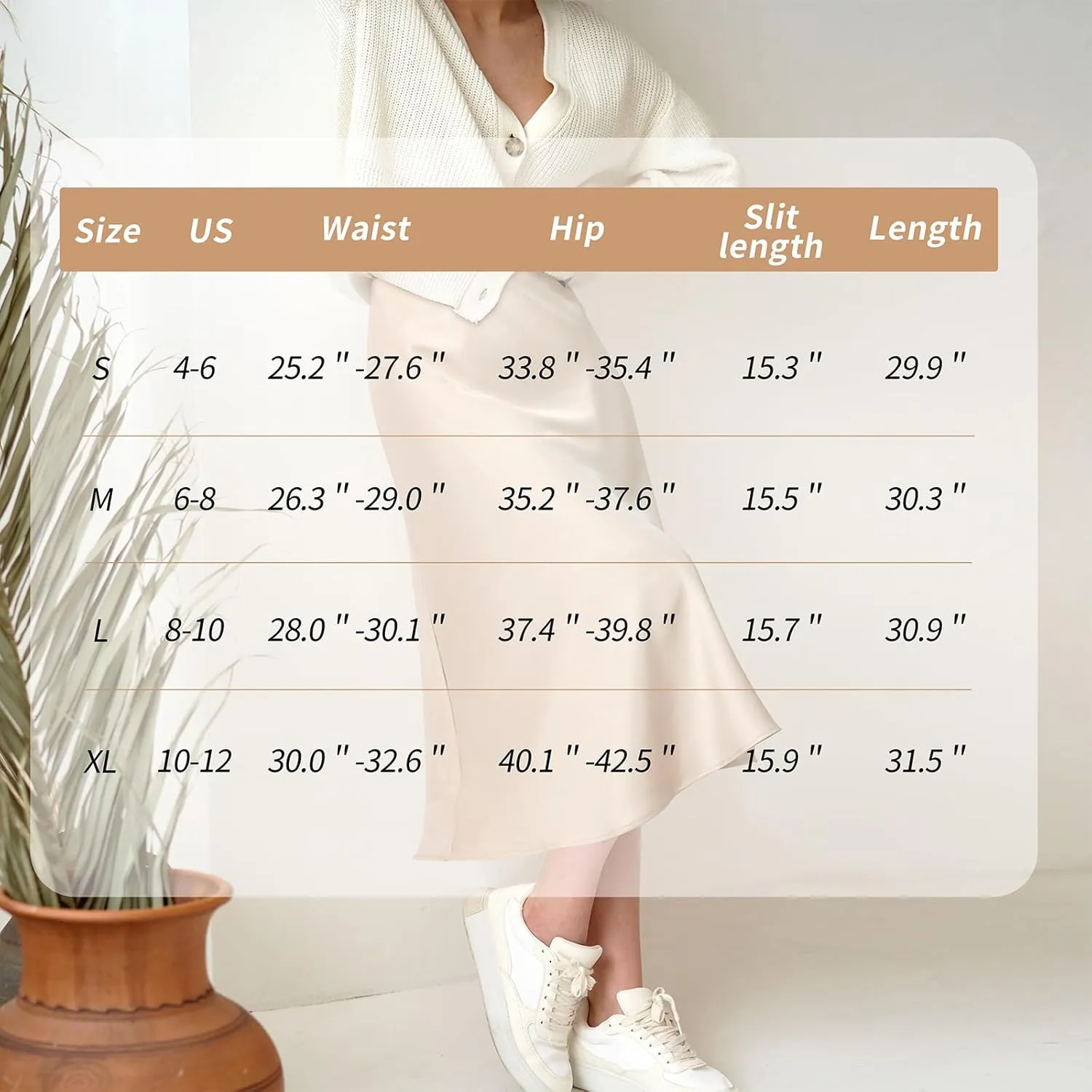 BOMAROLAN Women's Satin Midi Skirt High Waist Solid Silky Skirts for Women Elasticized Waistband A-Line Slit Midi Skirts