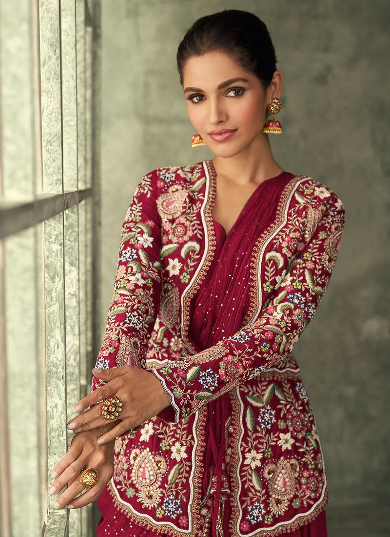Bridal Red Multi Embroidery Saree Gown With Jacket