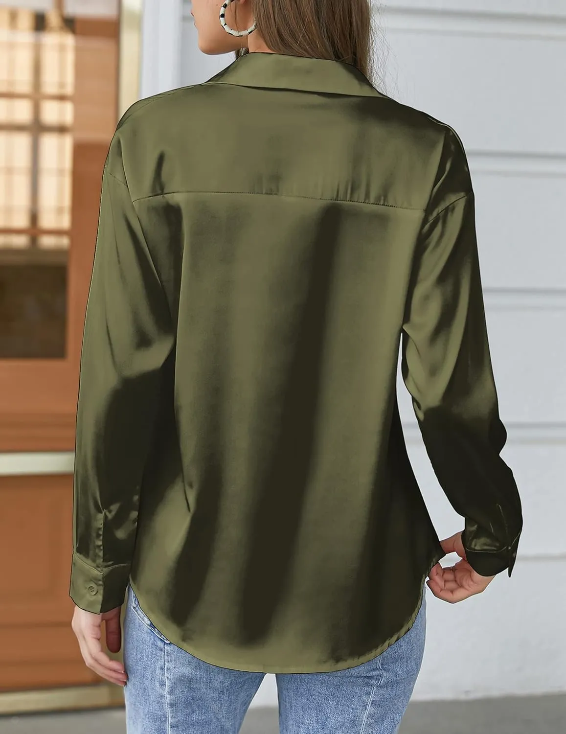 Chigant Women's Blouse Satin Silk Shirts Button Down Shirts Casual Loose Long Sleeve Office Work Tunic Tops