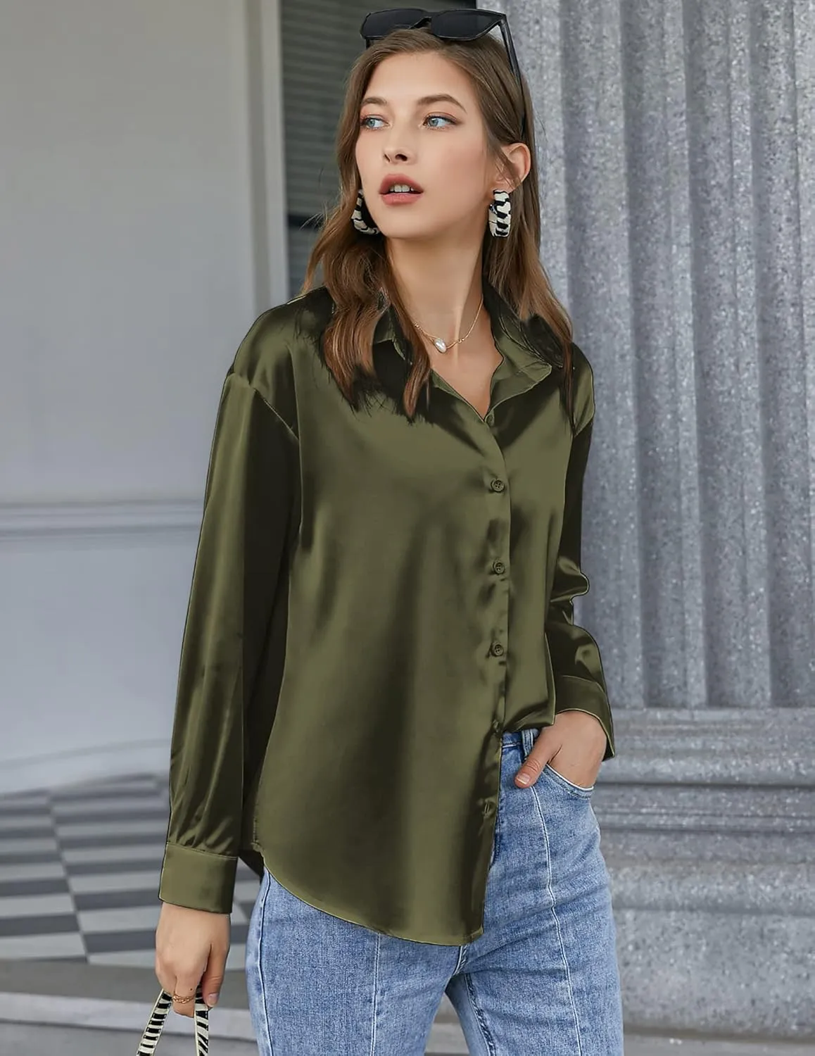Chigant Women's Blouse Satin Silk Shirts Button Down Shirts Casual Loose Long Sleeve Office Work Tunic Tops