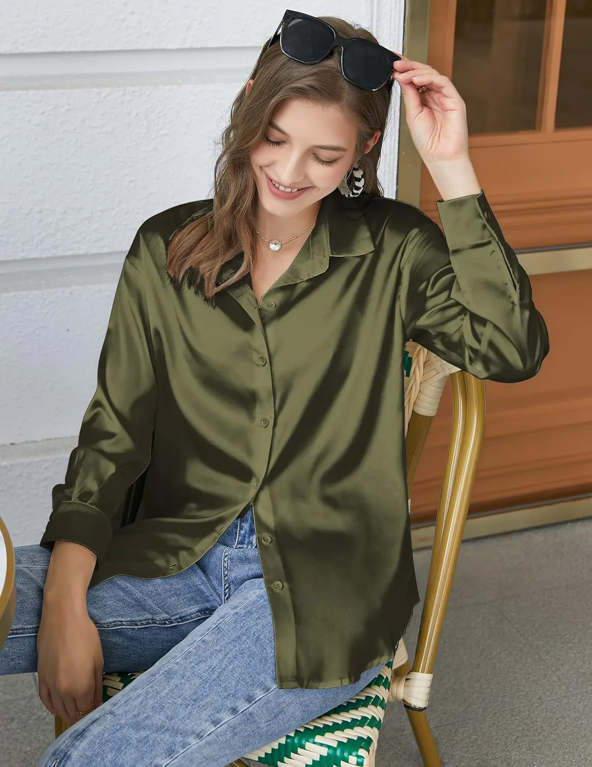 Chigant Women's Blouse Satin Silk Shirts Button Down Shirts Casual Loose Long Sleeve Office Work Tunic Tops