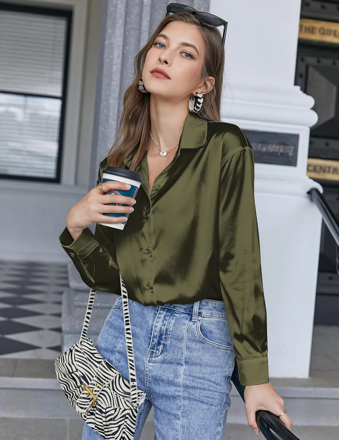 Chigant Women's Blouse Satin Silk Shirts Button Down Shirts Casual Loose Long Sleeve Office Work Tunic Tops