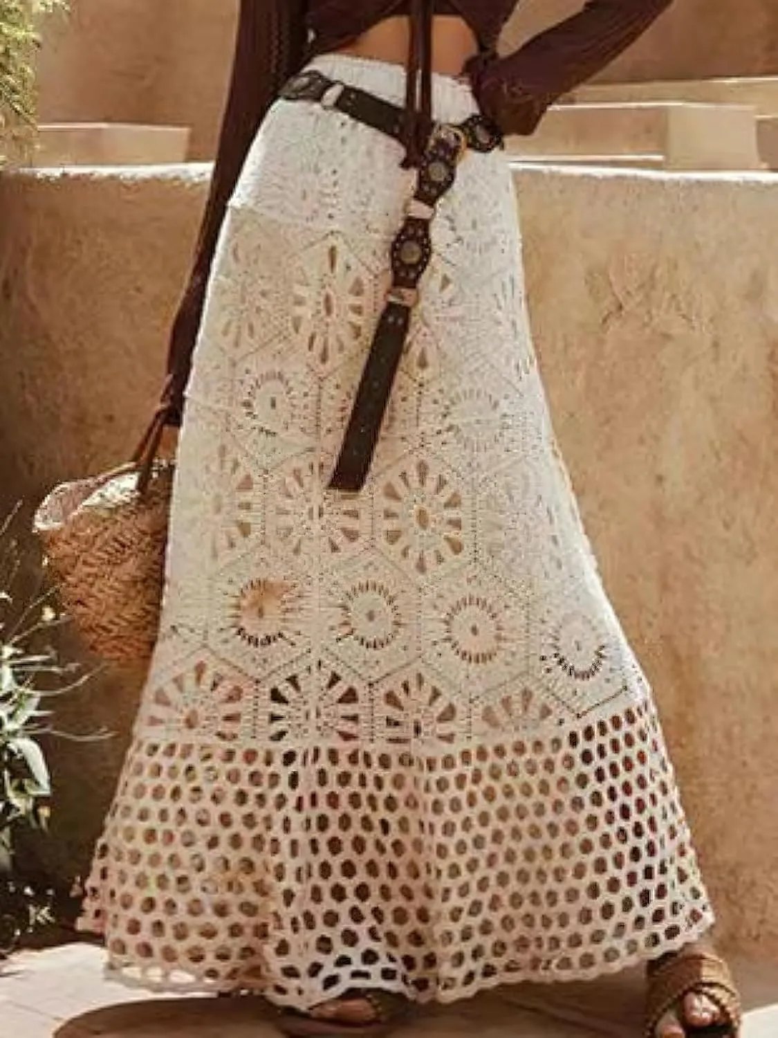 chouyatou Women's Boho Floral Embroidered Knit Skirt Lace Crochet Eyelet Elastic Waist Flared Maxi Skirt