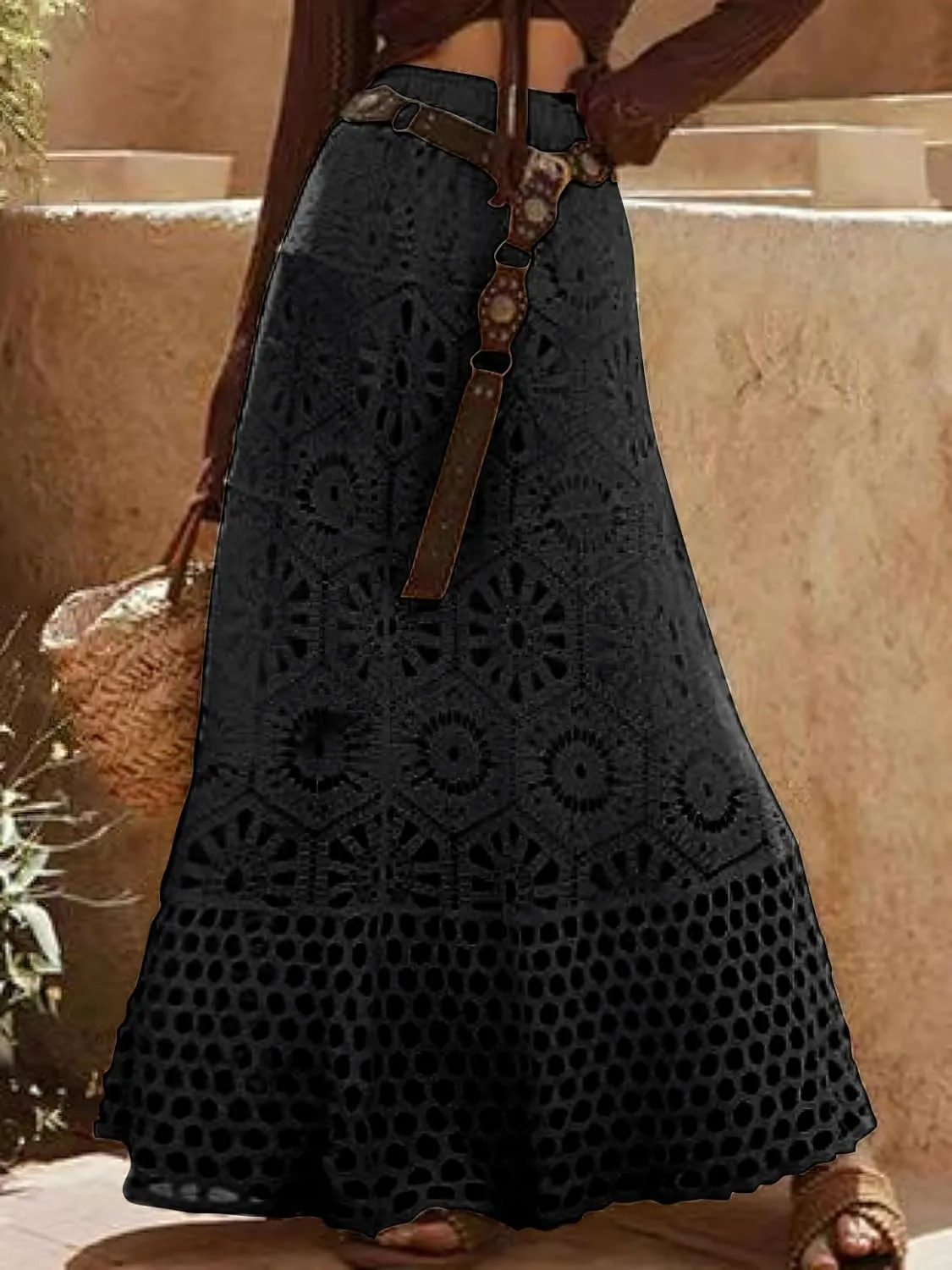 chouyatou Women's Boho Floral Embroidered Knit Skirt Lace Crochet Eyelet Elastic Waist Flared Maxi Skirt