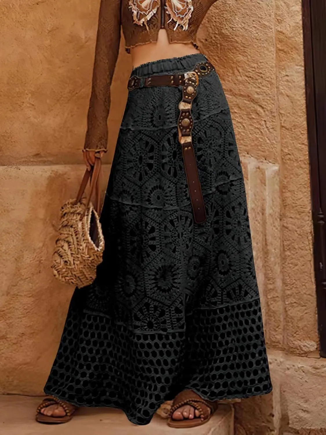 chouyatou Women's Boho Floral Embroidered Knit Skirt Lace Crochet Eyelet Elastic Waist Flared Maxi Skirt
