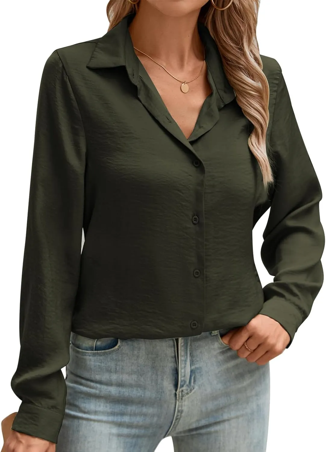 COUXILY Satin Button Down Shirts for Women Business Casual Long Sleeve Silk Blouses Womens Shirts Work Tops