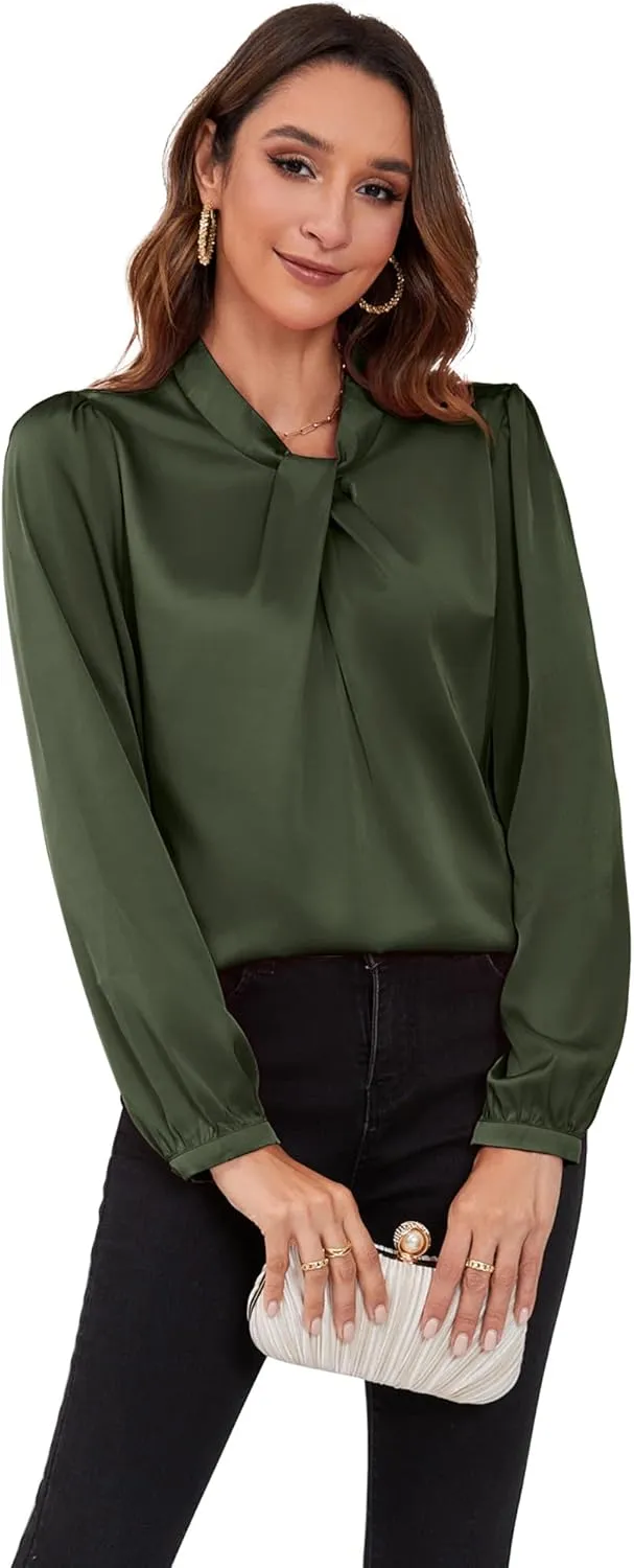 COUXILY Womens Satin Silk Blouses Business Casual Dressy Elegant Shirts Mock Neck Long Sleeve Twist Front Office Work Tops