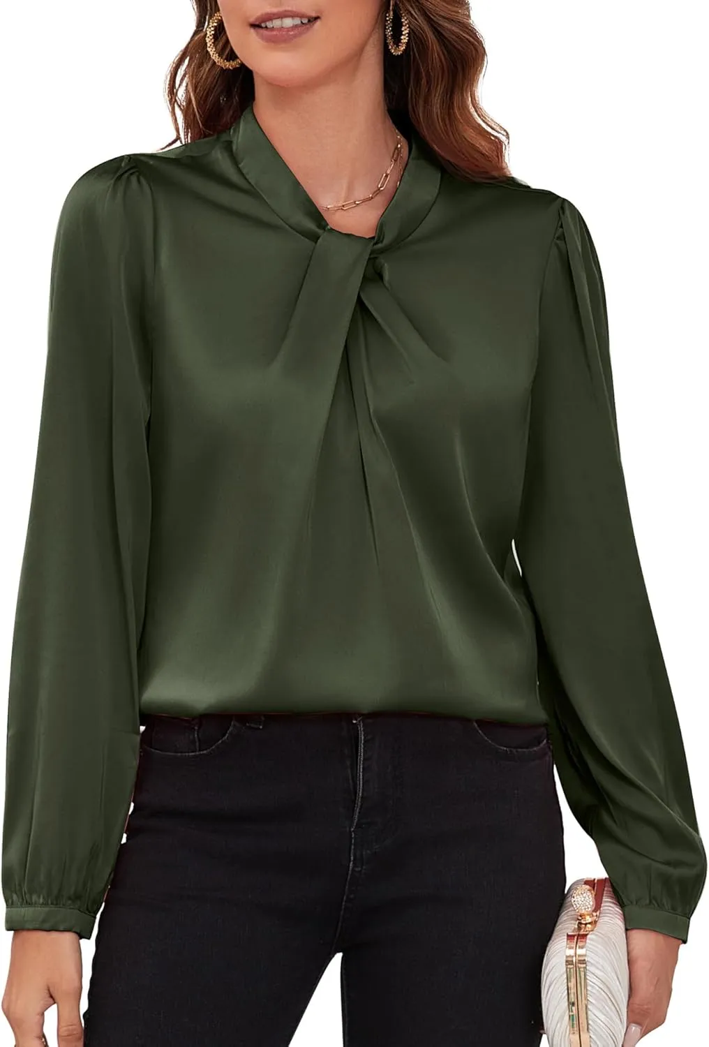 COUXILY Womens Satin Silk Blouses Business Casual Dressy Elegant Shirts Mock Neck Long Sleeve Twist Front Office Work Tops