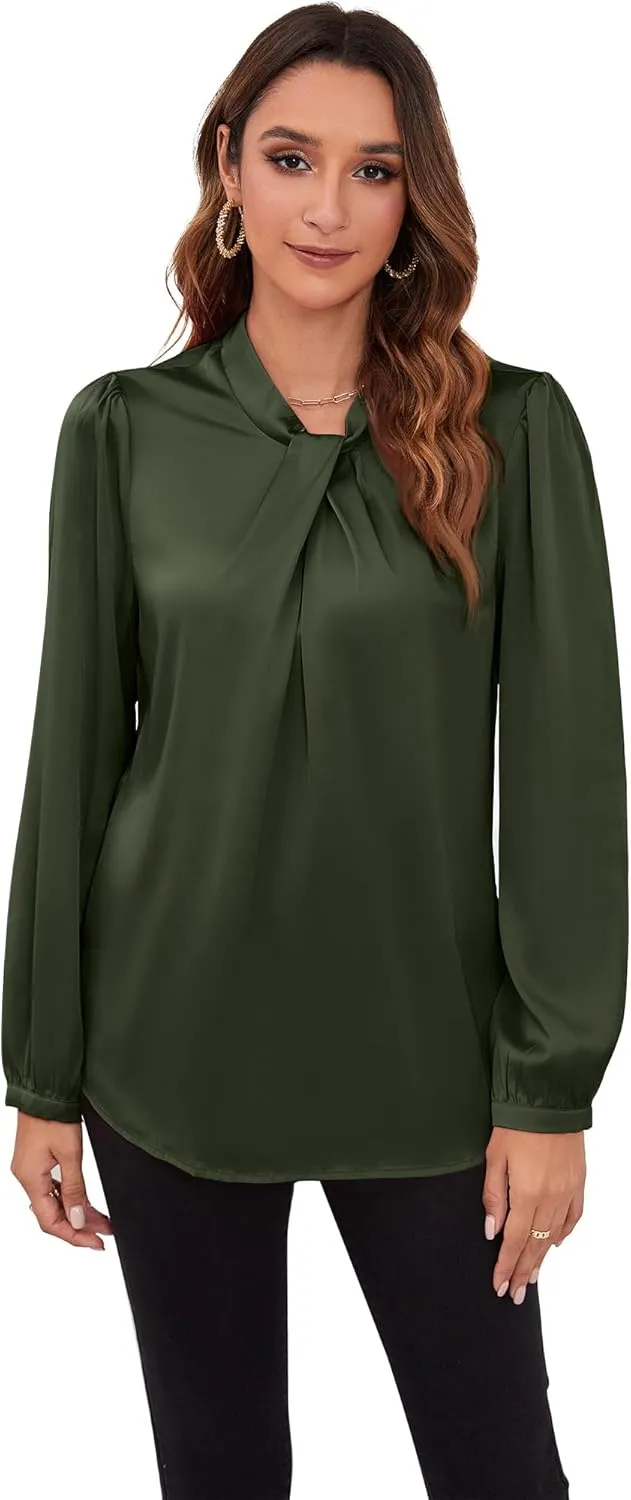 COUXILY Womens Satin Silk Blouses Business Casual Dressy Elegant Shirts Mock Neck Long Sleeve Twist Front Office Work Tops