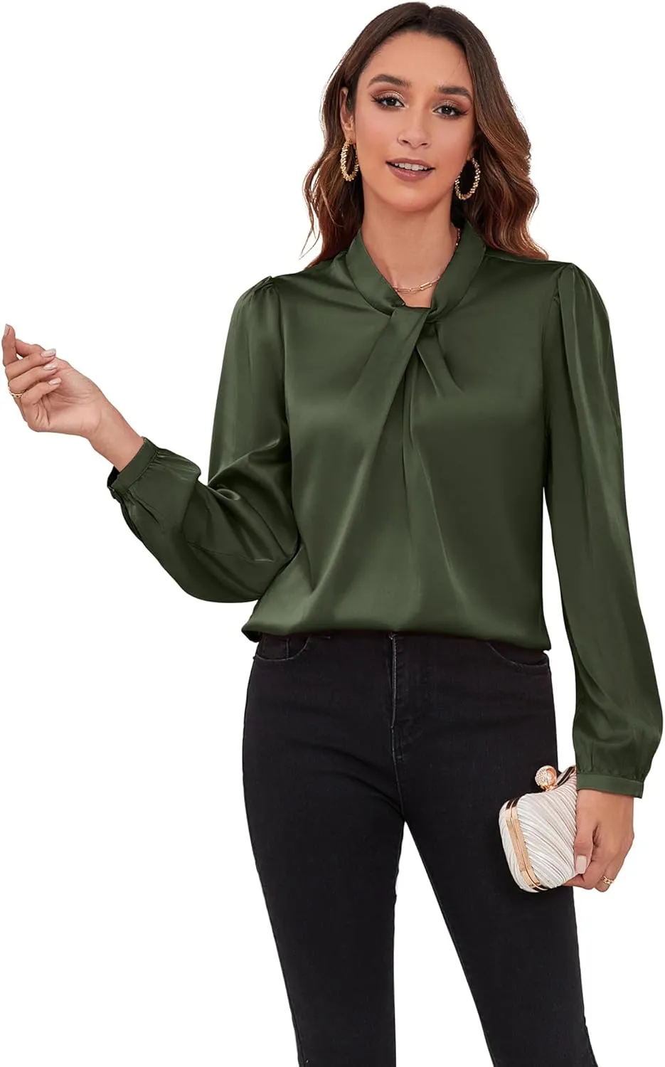 COUXILY Womens Satin Silk Blouses Business Casual Dressy Elegant Shirts Mock Neck Long Sleeve Twist Front Office Work Tops