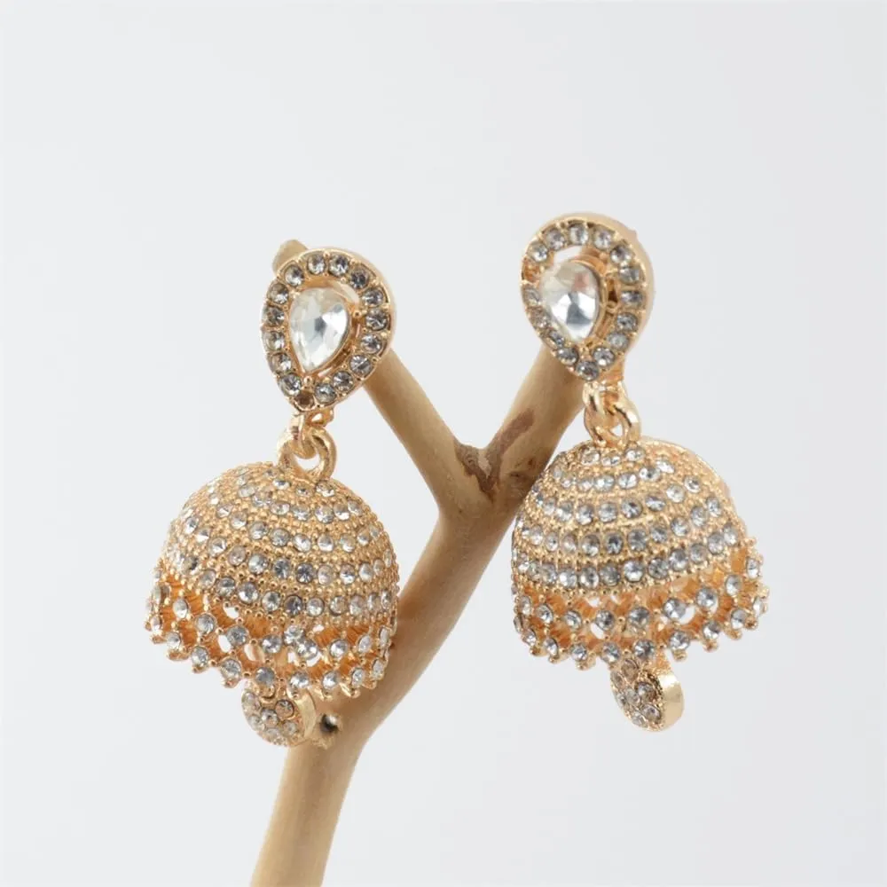 Dainty CZ Jhumki Bell Teardrop Dangle Drop Earrings for Women Silver/Gold Plated Crystal Bohemian Vintage Indian Chandelier Statement Dangling Stud Hypoallergenic Traditional Fashion Jewelry
