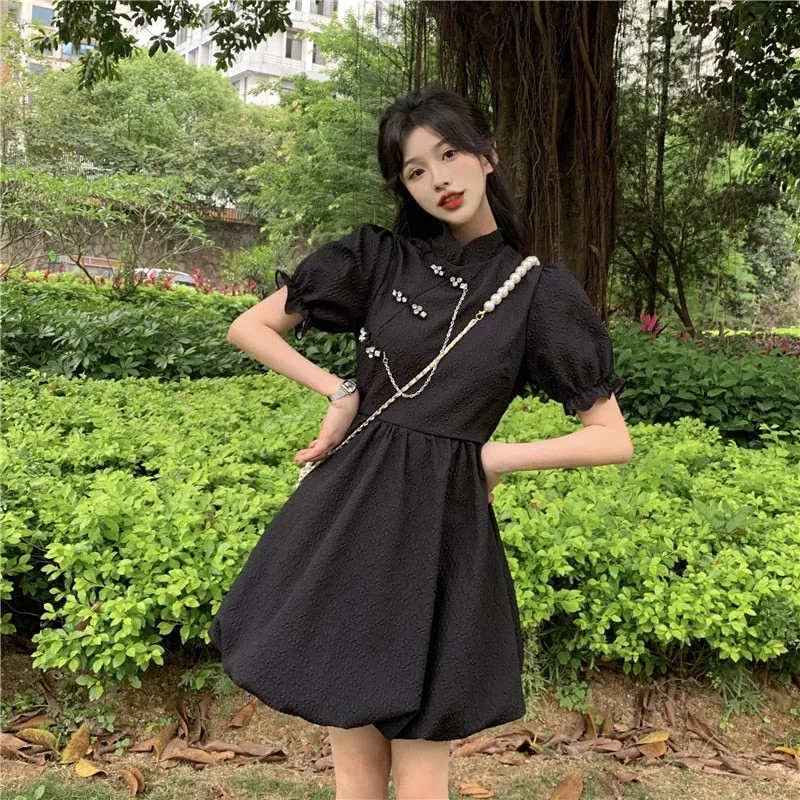 deanwangkt New Chinese Fashion Cheongsam Mini Doll Dress Stand Collar Puff Sleeve Little Ball Gown Dress Small Girl Black White Party Dress