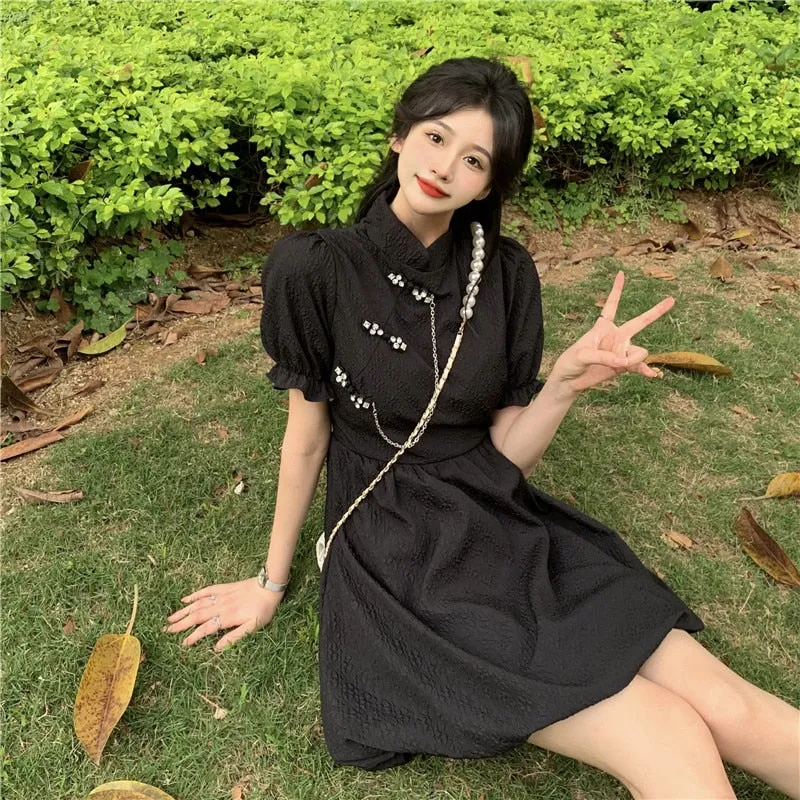 deanwangkt New Chinese Fashion Cheongsam Mini Doll Dress Stand Collar Puff Sleeve Little Ball Gown Dress Small Girl Black White Party Dress