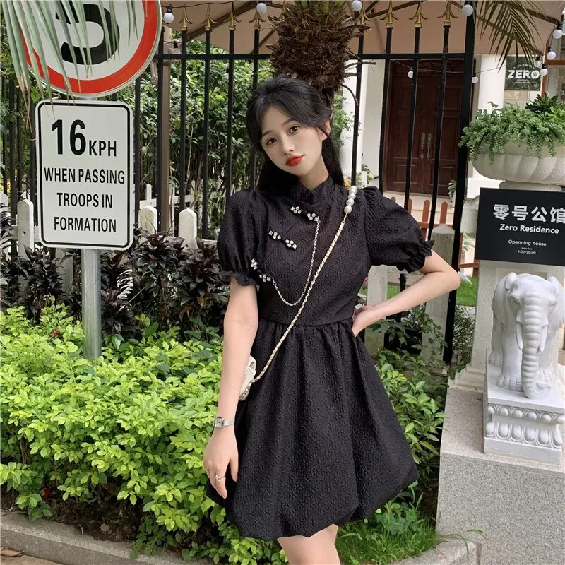 deanwangkt New Chinese Fashion Cheongsam Mini Doll Dress Stand Collar Puff Sleeve Little Ball Gown Dress Small Girl Black White Party Dress