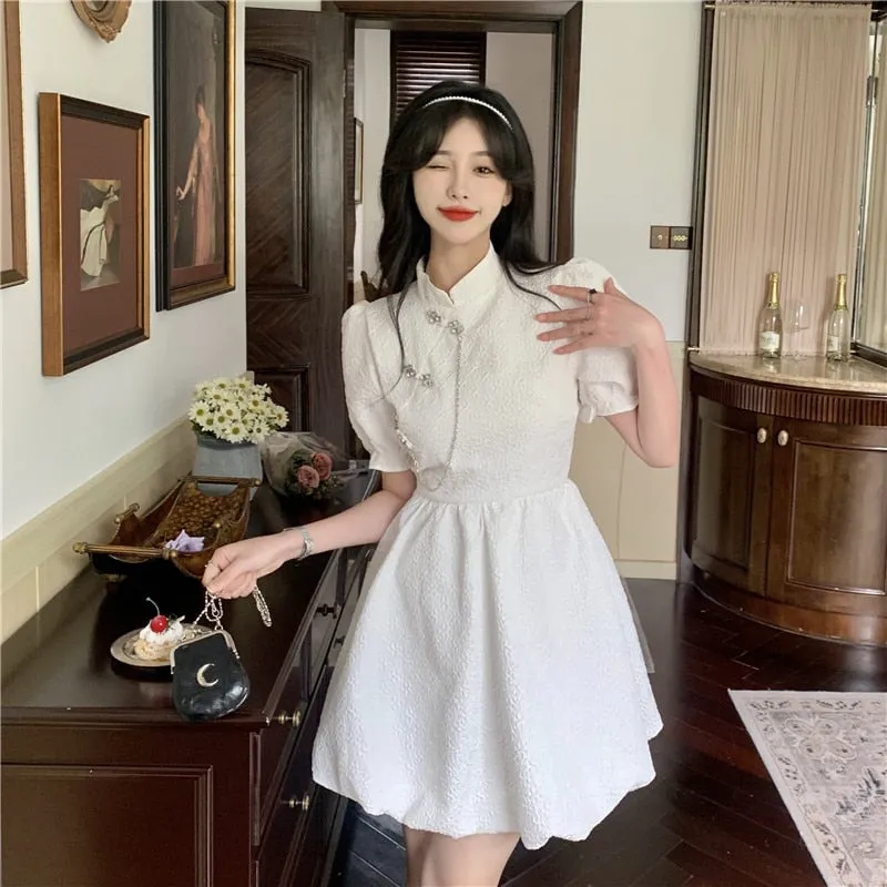 deanwangkt New Chinese Fashion Cheongsam Mini Doll Dress Stand Collar Puff Sleeve Little Ball Gown Dress Small Girl Black White Party Dress