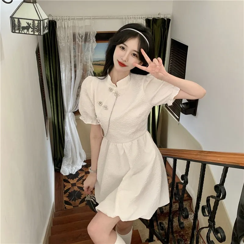 deanwangkt New Chinese Fashion Cheongsam Mini Doll Dress Stand Collar Puff Sleeve Little Ball Gown Dress Small Girl Black White Party Dress