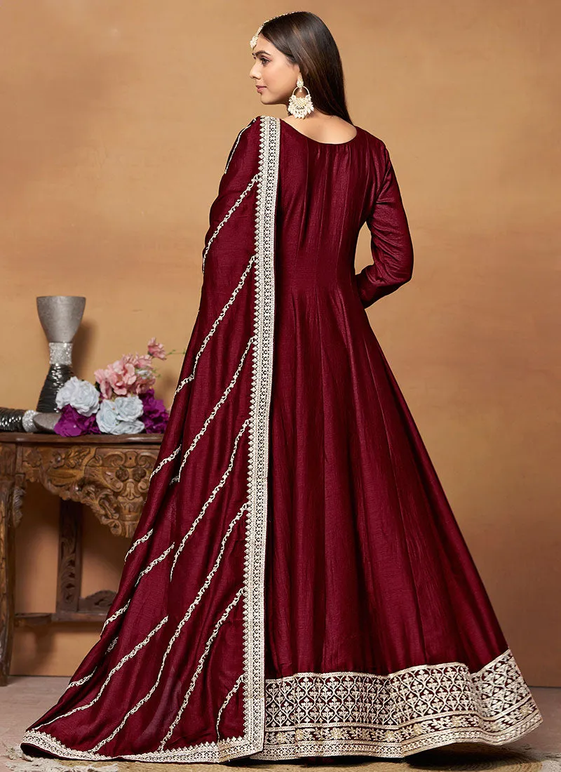 Deep Red Embroidered Wedding Wear Anarkali Suit
