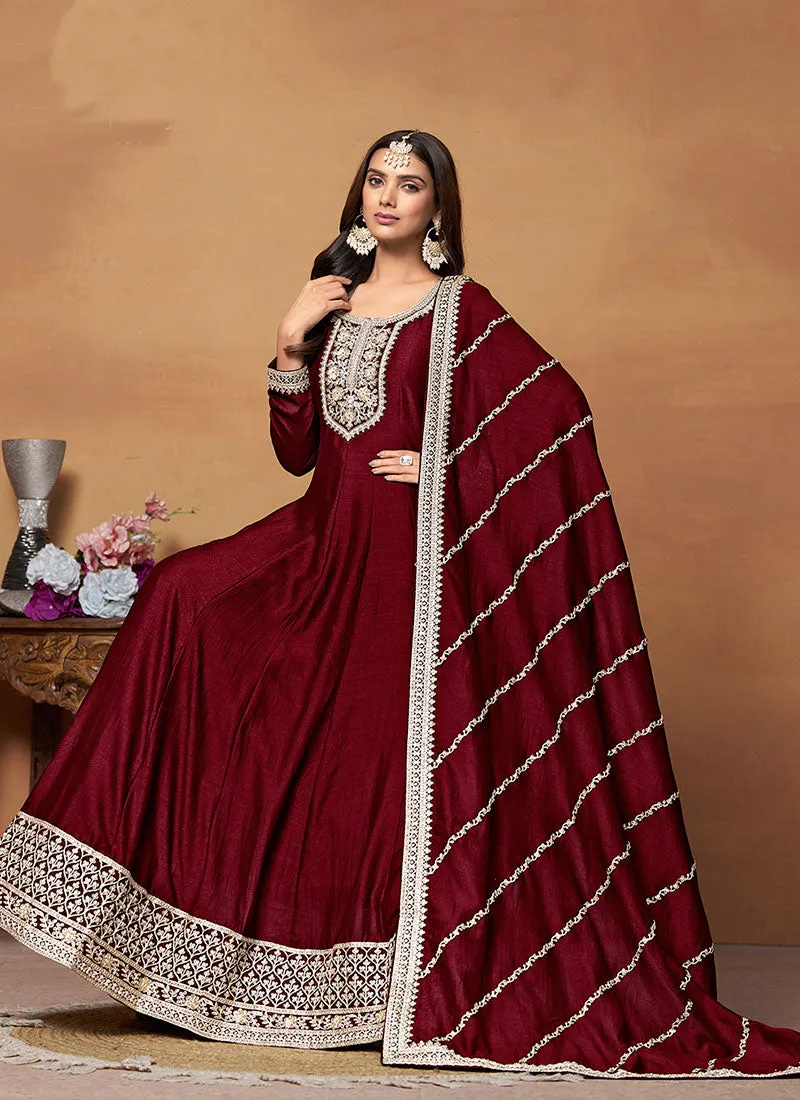 Deep Red Embroidered Wedding Wear Anarkali Suit