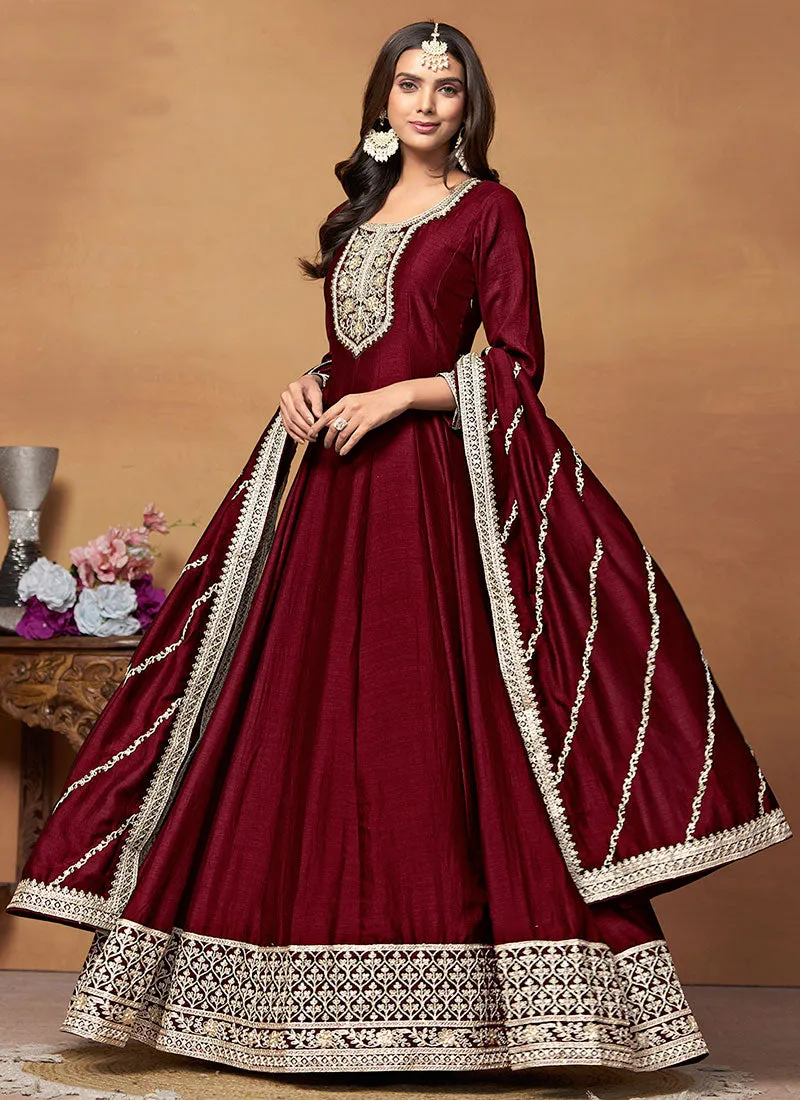 Deep Red Embroidered Wedding Wear Anarkali Suit