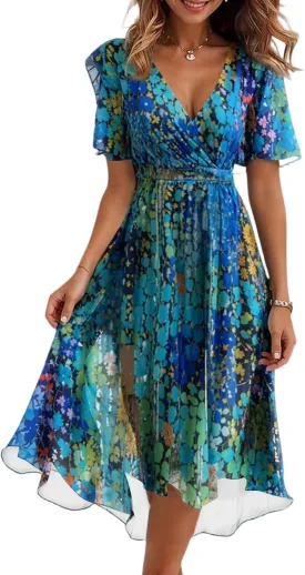 Dresses for Women,Chiffon Sexy Midi Dresses Short Sleeve Flowy Wrap Wedding Guest Womens Summer Dress Cocktail Prom