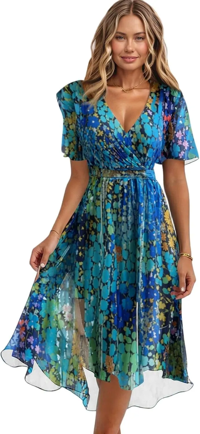 Dresses for Women,Chiffon Sexy Midi Dresses Short Sleeve Flowy Wrap Wedding Guest Womens Summer Dress Cocktail Prom