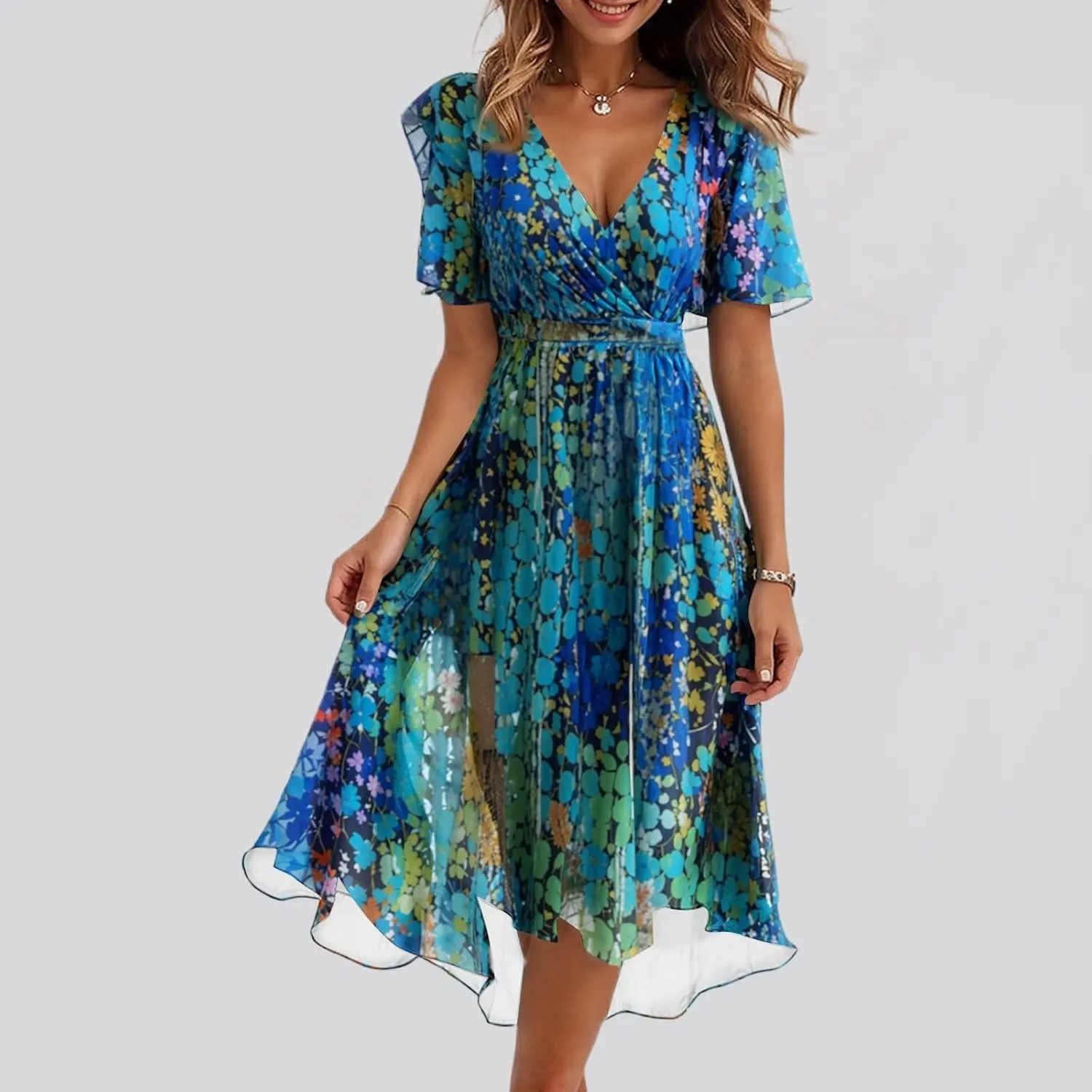 Dresses for Women,Chiffon Sexy Midi Dresses Short Sleeve Flowy Wrap Wedding Guest Womens Summer Dress Cocktail Prom