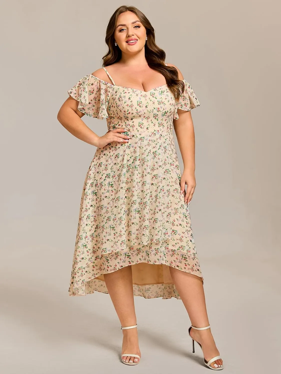 Ever-Pretty Women's Plus Size Ruffle Sleeves Off Shoulder Empire Waist A Line Chiffon Summer Wedding Guest Dress 02103-DA